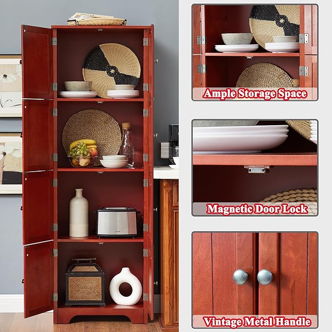 72" Tall Farmhouse Storage Cabinet, 4 Tier Kitchen Pantry Cabinet with 4 Shelves & 8 Doors, Freestanding Floor Storage Cabinet Wooden Organizer Bookcase for Living Room, Kitchen (Cherry)