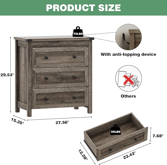 Dresser for Bedroom with 3 Drawers, Small Chests of Drawers, 27.55" Wide Farmhouse Wood Nightstand Bedside Cabinet End Table, Modern Closet Storage Organizer for Living Room, Entryway, Hallway, Grey