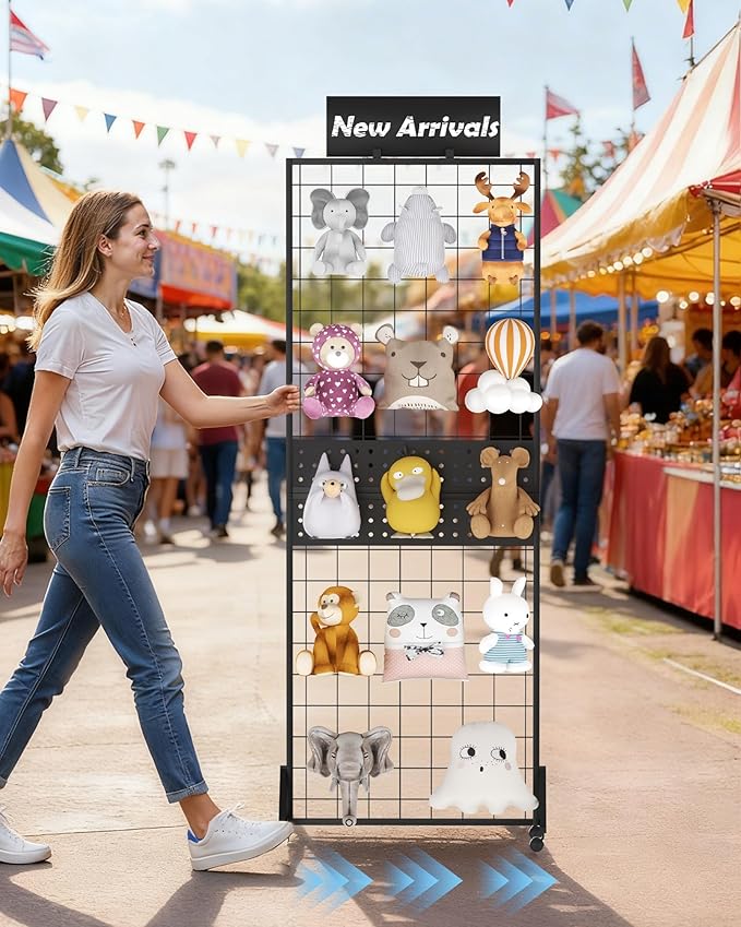 6' x 2' Ft Grid Wall Panel, Pegboard Gridwall Display Stand with Notice board, Sturdy Floorstanding Wire Grid Rack, Movable Silent Wheel for Home Organization Retail Trade Art Craft Show Vendor