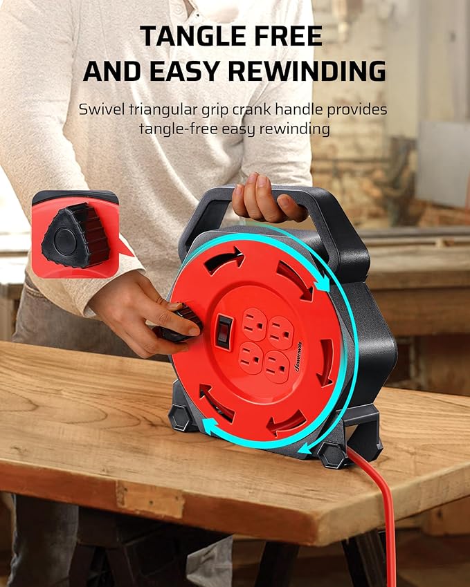 DEWENWILS Extension Cord Reel with 25 FT Power Cord, Hand Wind Retractable, 16/3 AWG SJTW, 4 Grounded Outlets, 13 Amp Circuit Breaker, Red, Red Cord, UL Listed