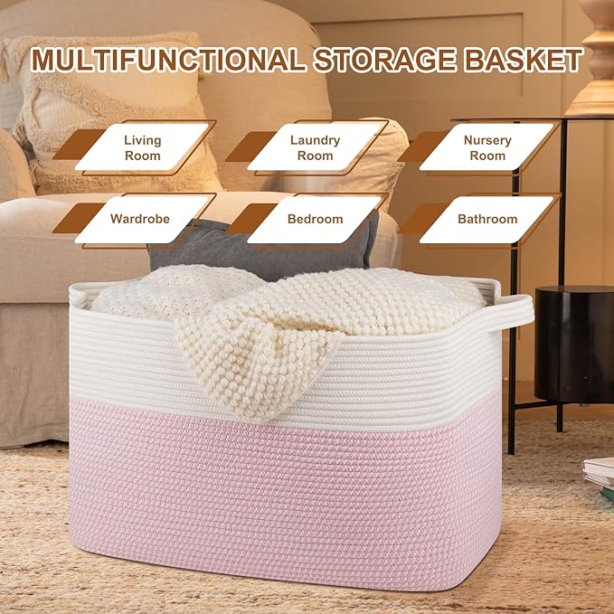 XXXL Large Blanket Basket, 108L Cotton Rope Storage Basket for Living Room, Supre Large Toy Baskets for Kids, Woven Basket for Clothes, Towels, Pillows, 25" x 16" x 16", Pink and White
