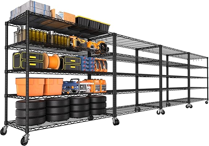 PrimeZone 4 Packs 48" W x 24" D x 81" H Heavy Duty Wire Storage Shelves with Wheels, 5 Tier Adjustable NSF Certified Garage Shelving Unit, Rolling Metal Organizer Shelf Rack for Warehouse, Pantry