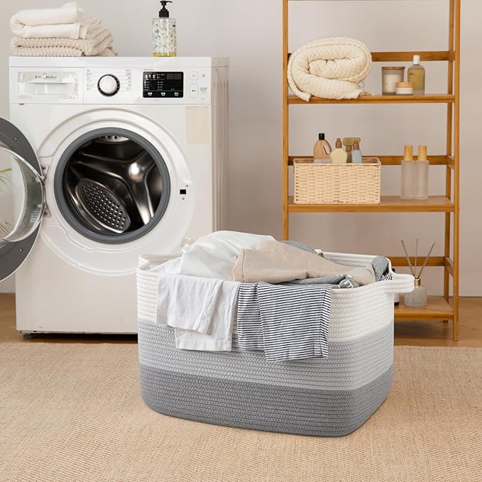 65L Large Storage Basket, Cotton Rope Woven Blanket Basket, Toy Storage for Baby Room, Living Room, Gradient Grey
