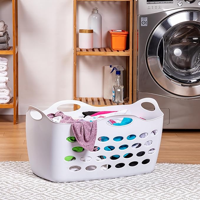2 Piece, White Rectangular Uncovered Laundry Baskets With 4 Perforated Handles, Suitable For Laundry Rooms, Bedrooms, Living Rooms, Fitting Rooms, Etc.