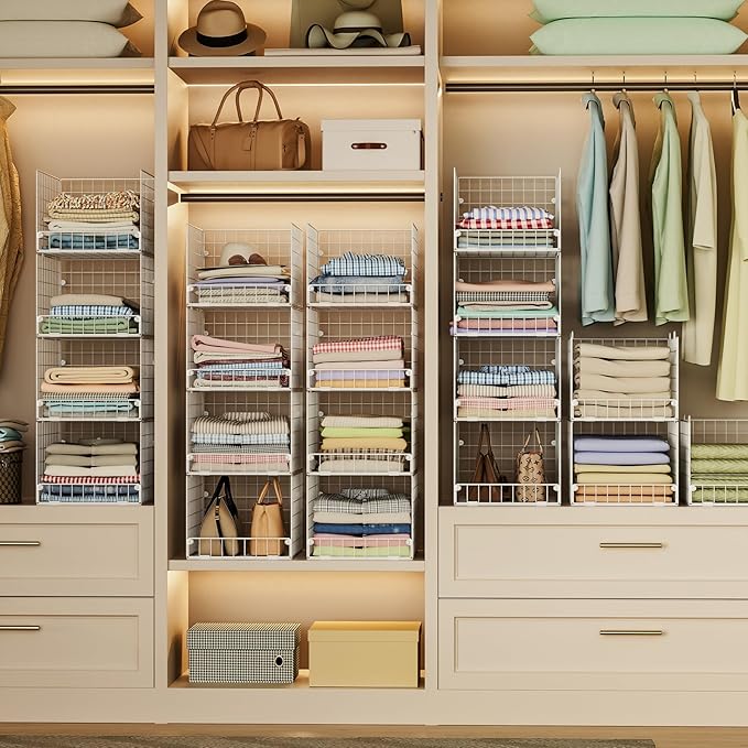 Stackable Closet Organizers and Storage - 4-Tier Stackable Storage Bins, Foldable Closet Shelf Organizer Basket, Clothes Organizers Shelves for Organizer System(15.7"x11.8"x34.64")