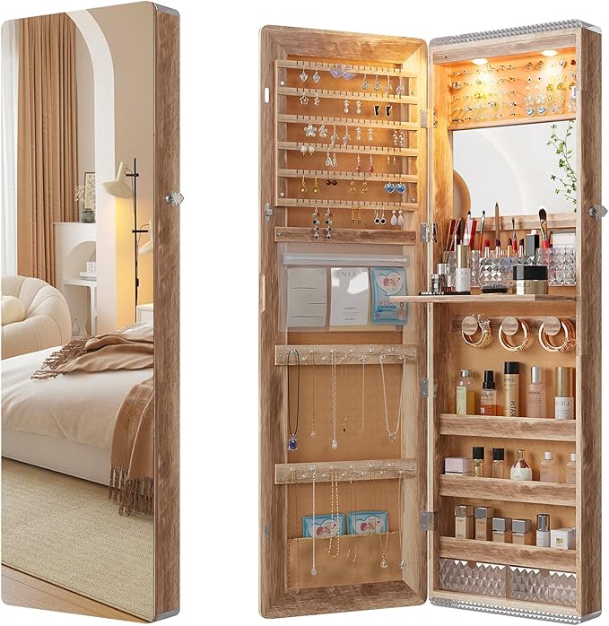 HNEBC LED Mirror Jewelry Cabinet,47.2" Wall Mounted Jewelry Organizer with Full-Length Mirror,Over The Door Hanging Jewelry Armoire Storage Cabinet,Folding Dresser,2 Drawers,Lockable, 3 Shelves(Wood)