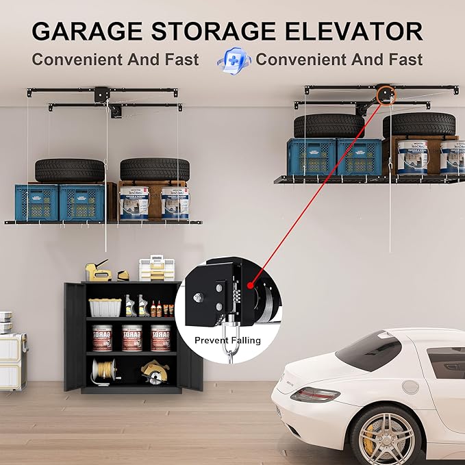 Montary 4x8 FT Overhead Garage Storage Rack for 10-12 FT Ceiling, Adjustable Ceiling Storage Rack with Safety Lock, 325LBS Capacity All-Steel Construction Heavy-Duty Garage Lifting Organizer