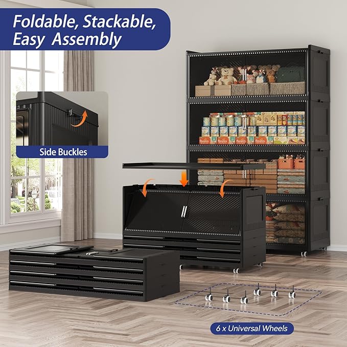 200GAL Extra Large Storage Bins with Lid, 800QT Collapsible Organizer with Wheels, Stackable Closet Cabinet with Doors, Folding Storage Containers for Home, Office, Kitchen, 4Pack Black