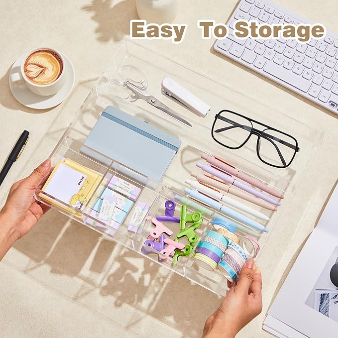 Acrylic Desk Drawer Organizer 14.37 x 11.81 x 2.17 Inch Storage Tray Organizer for Pens, Stationery, Desktop, Office, Bathroom, Kitchen, Makeup Supplies(6 Compartments, Clear)