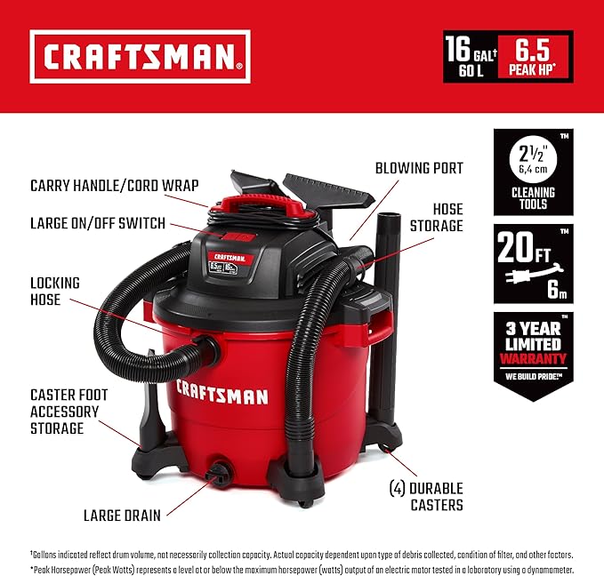 CRAFTSMAN CMXEVBE17595 16 Gallon 6.5 Peak HP Wet/Dry Vac, Heavy-Duty Shop Vacuum with Muffler Diffuser and Dusting Brush