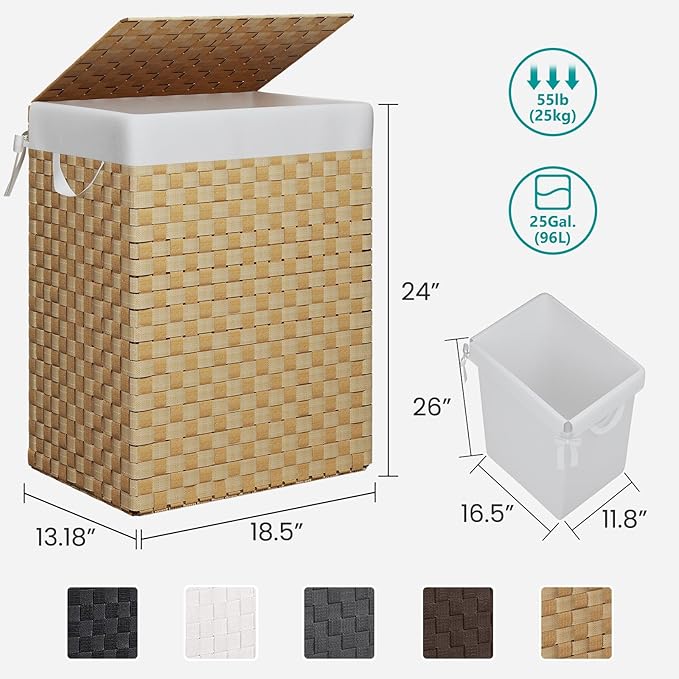 Foldable Laundry Hamper Basket with Lid by Fiona's magic, Handwoven 96L Large Clothes Hamper with Removable Liner Bags, Collapsible Tall Hamper for Bedroom, Bathroom and Dorm Organizer, Natural