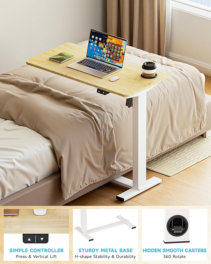 BIZUM Small Electric Standing Desk Bedside Table with Hidden Wheels 31.5 x 15.8 Inch Adjustable Computer Laptop Office Desk, Maple