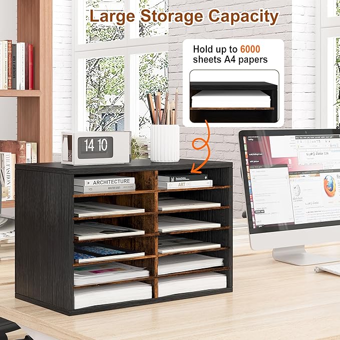 Literature Organizer 12 Slots Wooden Mailboxes for Classroom Office Mail Organizer Countertop Vertical File Sorter with Adjustable Shelves Heavy Duty Office Mailbox Cubbies, Black/Rustic Brown