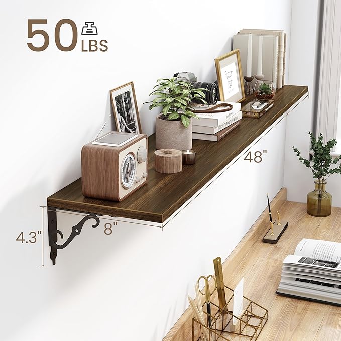 Fun Memories Large Floating Shelves for Wall 48 Inches Long, 8 Inch Deep Shelves with Metal Bracket, 48 Inch Floating Shelves Wall-Mounted, Wide Display & Storage Bookshelves, Walnut, Set of 2