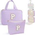 YOOLIFE Hanging Toiletry Bag for Women - Travel Toiletry Bag Makeup Bag, Portable Toiletries Cosmetic Bag, Airplane Travel Essentials - Letter P, Purple