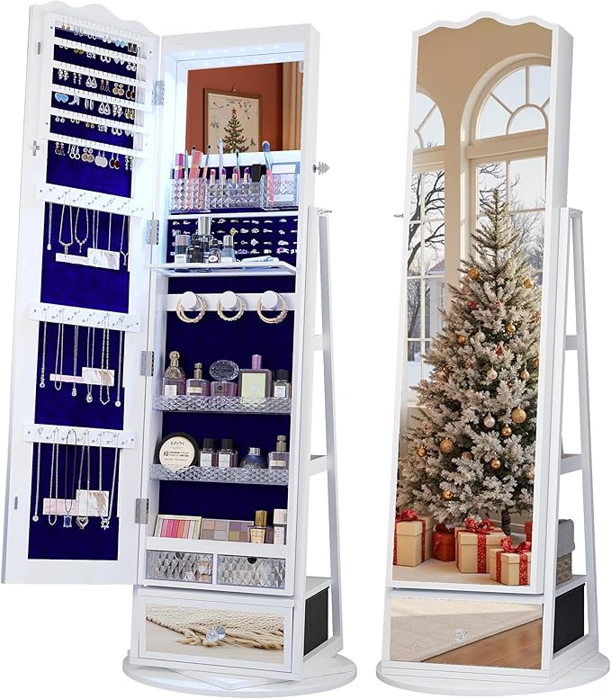 Full-Length Mirror Jewelry Cabinet Standing, 360° Swivel Jewelry Armoire with Mirror and LED Lights, Built in Mirror & Large Storage Shelves & Drawer, White
