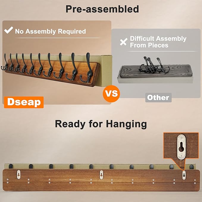 Dseap Coat Rack Wall - Heavy-Duty 38-1/4" Long, with Reinforced 10 Custom Tri-Hooks, Solid Wood Wall Hanger for Coats Hat Jackets - Rustic Farmhouse Entryway Storage, Black, Pack of 2