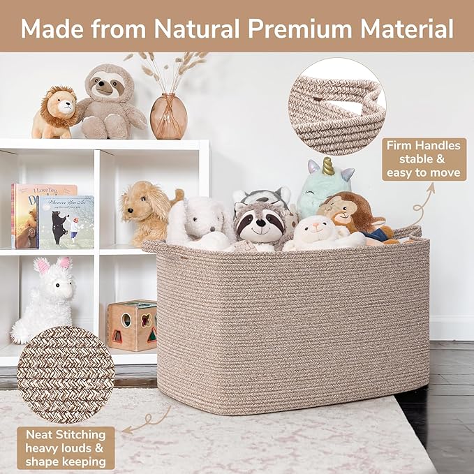 Goodpick 105L Large Woven Storage Basket, Rectangle Cotton Rope Basket for Blankets, Clothes, Oversized Toy Storage Organizer for Living Room, Nursery, 25"x16"x16", Brown