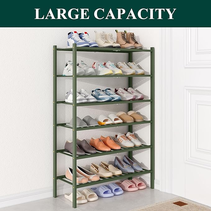 Smiry Bamboo Shoe Rack for Closet, 6 Tier Wooden Stackable Shoe Organizer, Free Standing Shoes Storage Shelf for Entryway, Front Door Entrance, Green