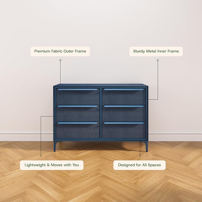Naima Premium Fabric Dresser - Strong Metal Frame, 6 Spacious Sag-Proof Drawers with Sleek Metal Handles - Premium & Durable Storage Solution for Your Home (Navy)