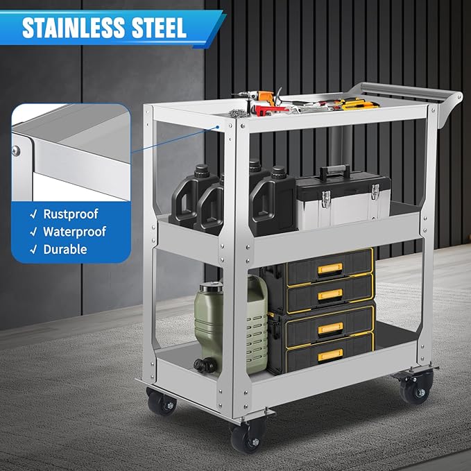 3-Tier Stainless Steel Utility Cart, 1000lbs Capacity with 360° Locking Casters, Heavy-Duty Rolling Cart for Garage, Workshop, Warehouse & Kitchen - Silver