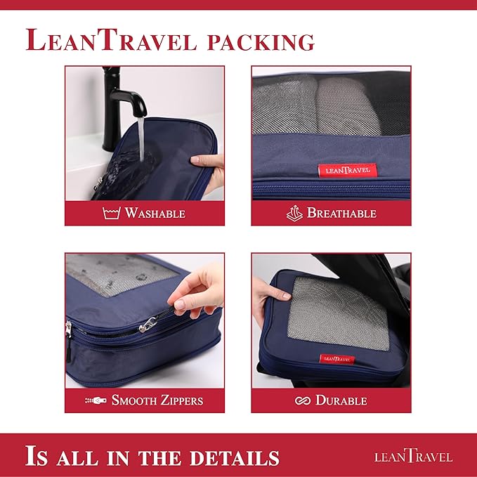 LeanTravel Compression Packing Cubes for Travel Organizers with Double Zipper (6-Pack (2L+2M+2S), Navy)