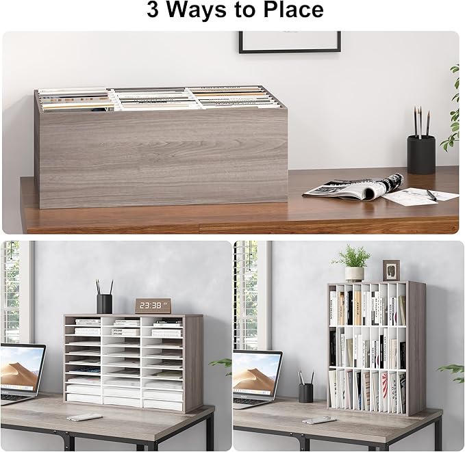 Literature Organizer 27 Slots Wooden Mailboxes for Classroom Office Mail Organizer Countertop Vertical File Sorter with Adjustable Shelves Heavy Duty Office Mailbox Cubbies, Retro Grey/White