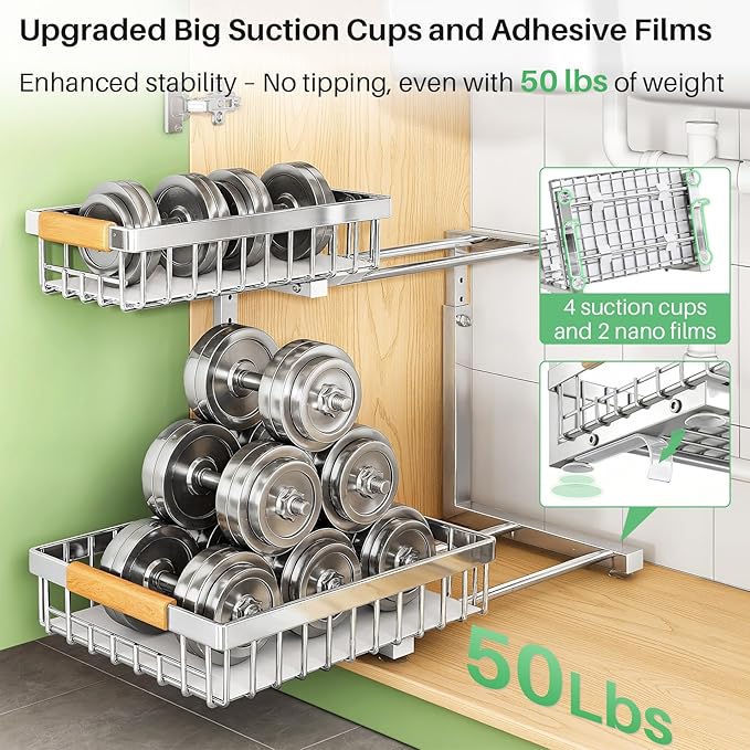Under Sink Organizer, Stainless Steel 1-Pack 2 Tier Under Sink Organizers and Storage, Slide out Pull out Cabinet Shelf, Sliding Drawer for Kitchen Bathroom Pantry Cabinet Closet Organization Rack