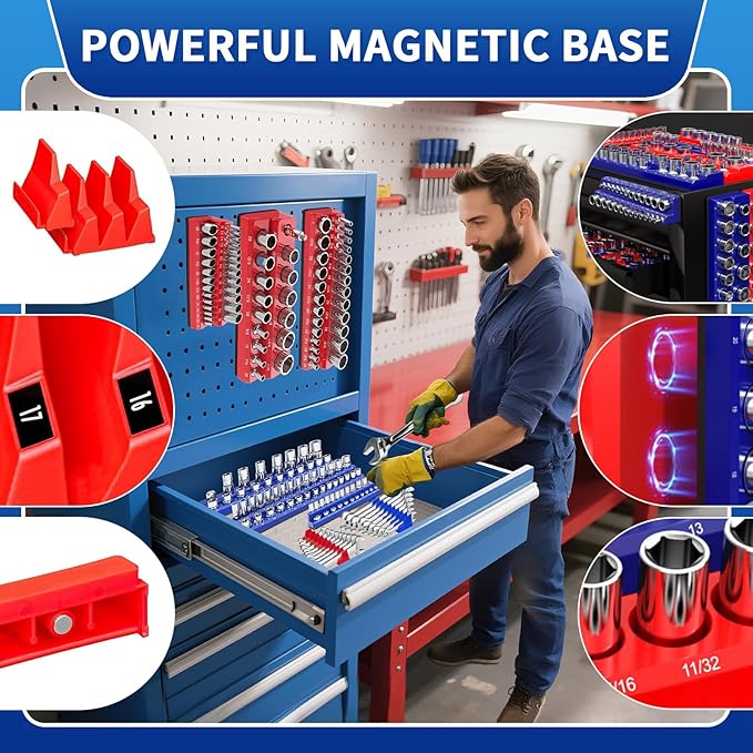 8PS Magnetic Wrench and Socket Organizer Set, Tool Trays 1/4", 3/8", 1/2" Tool Box Organizer, Metric Holder(Socket, Wrench not Included)
