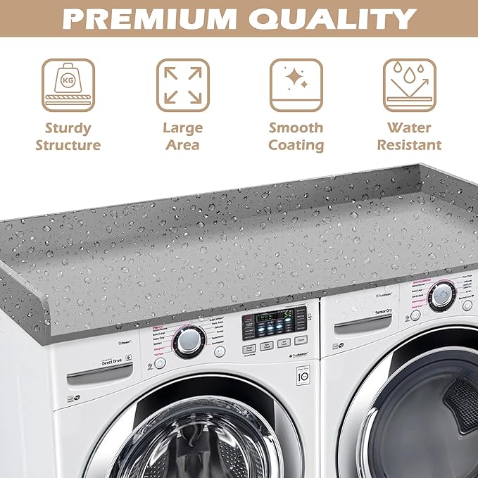 Royxen Washer Dryer Countertop with Solid Wood Core,54“W x 27.5D Laundry Countertop with Edge Rails,Washer and Dryer Topper for Laundry Room Organization (Grey)