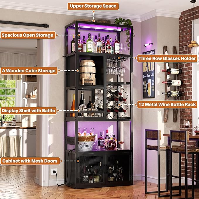 82.6" Tall Bar Cabinet with Power Outlets, 6-Tiers Reversible Wine Cabinet with LED Lights, Glass Holder & Wine Rack, Liquor Storage Cabinet Coffee Bar Unit Station for Dining Living Room, Black