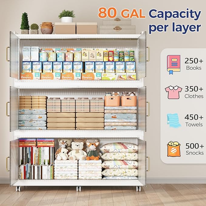 240 Gallon Extra Large Collapsible Storage Bin with Lid, 960QT Stackable Plastic Organizer with 6x Wheels, Foldable Drawer Cabinet for Closet, Living Room Office, Kitchen 3Pack, White