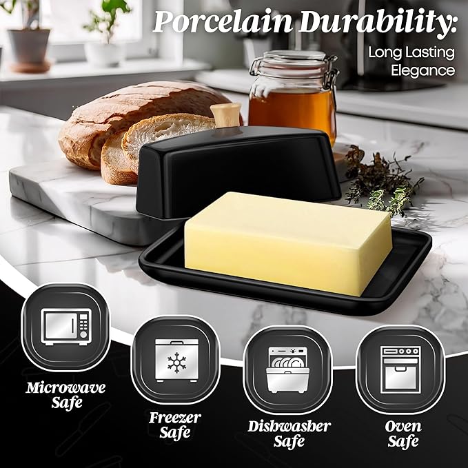 Flexzion Ceramic Black European Butter Dish with Lid for Countertop (8 Inch) - Wide 2 Stick Double Butter Holder for Counter, Cream Cheese Container Storage Keeper