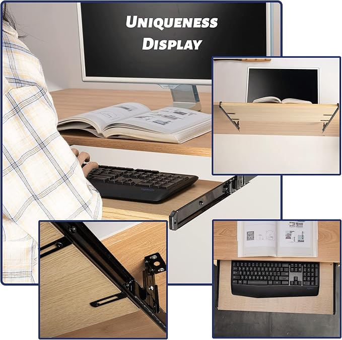 14" Keyboard Slide Heavy Duty Ball Bearing Slides Computer Tray Under Desk Rails Rack Cabinet Furniture Drawer Hardware Accessories with Adjustable Height Bracket & L Extension Support Bracket (Black)