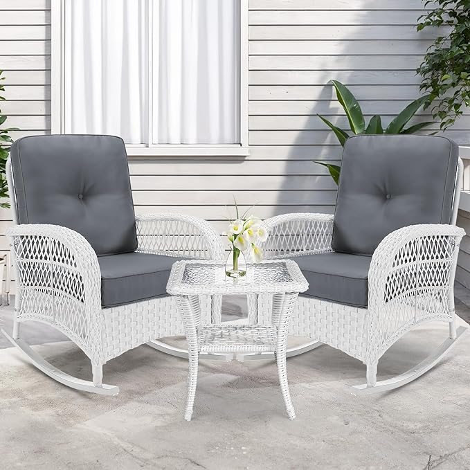 VIVIJASON 3-Piece Outdoor Conversation Bistro Set, Patio Wicker Rocking Chairs Rattan Furniture Sets w/ 2 Rattan Chairs, Cushions, Glass Top Side Table for Garden Porch Backyard (White Wicker/Grey)