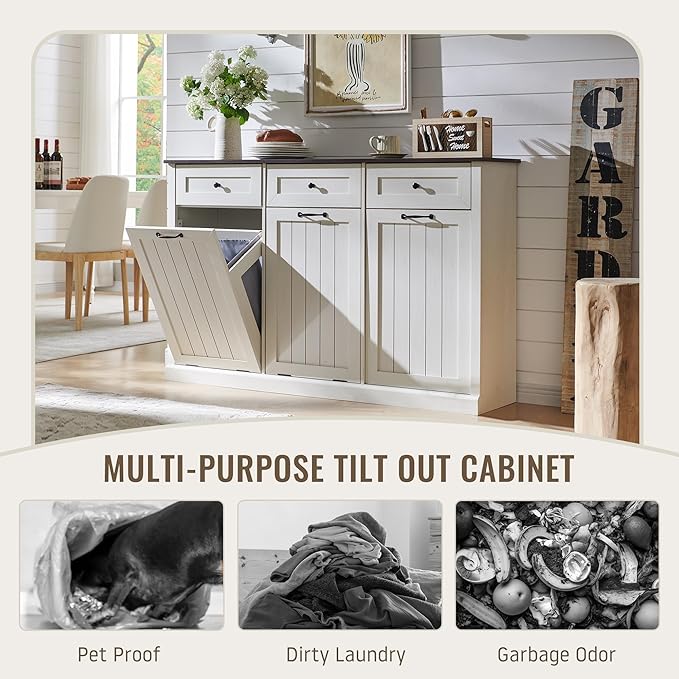Triple Tilt Out Laundry Hamper Cabinet, 20 Gallon Farmhouse Trash Can Cabinet w/Drawer & Adjustable Shelf, Hidden Garbage Can Bin Cabinets w/Laundry Basket for Bathroom, Kitchen (Antique White)