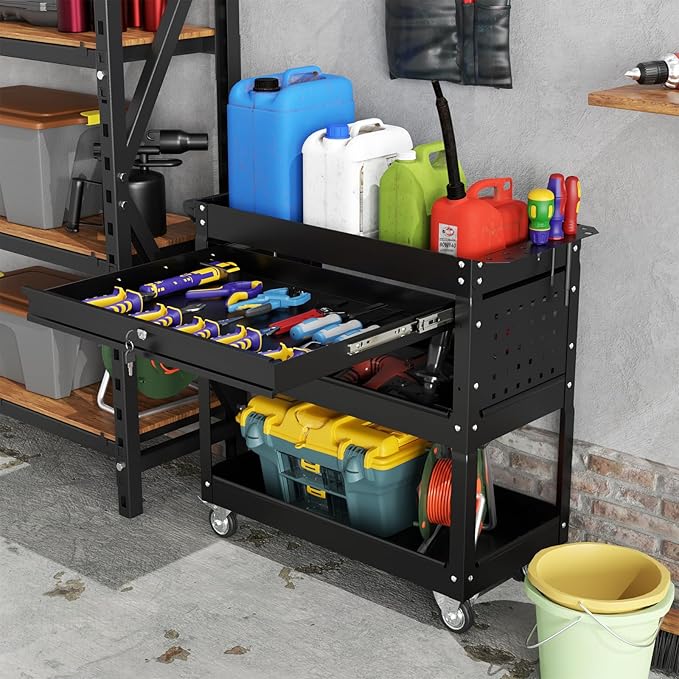 3 Tier Heavy Duty Tool Cart, Mechanic Metal Rolling Tool Cart 900 Lbs Work Cart with Locked Drawers & Pegboard for Garage Workshop