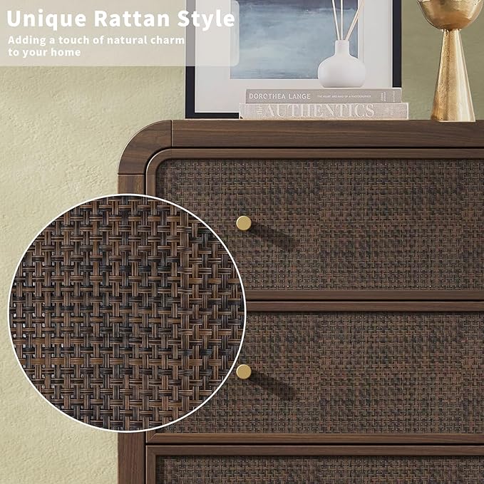 Oak&Sparrow 5 Drawer Tall Dresser for Bedroom, 47'' Rattan Dresser with Ample Storage, Boho Chest of Drawers, Thickened Curved Profile Design, Dark Walnut Dressers for Bedroom, Living Room