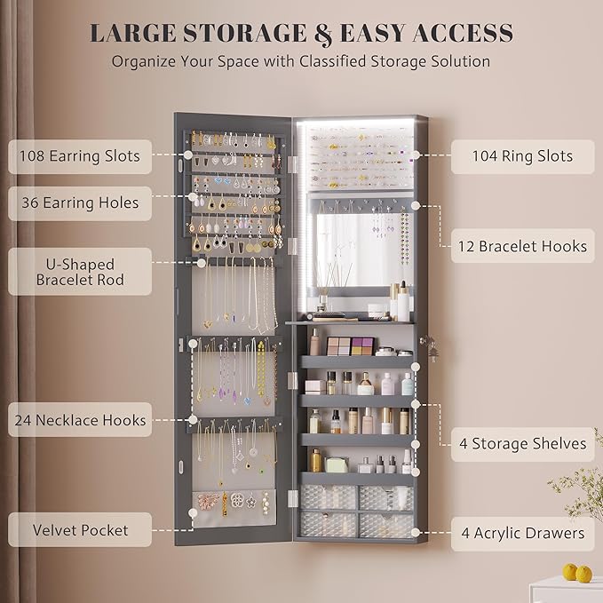 Vlsrka 47.2" LED Grey Jewelry Mirror Cabinet, Wall/Door Mounted Jewelry Armoire Organizer with Full-Length Mirror, Large Capacity Storage Hanging Cabinet, 4 Drawers, 5 Shelves, Built-in Lighted Mirror
