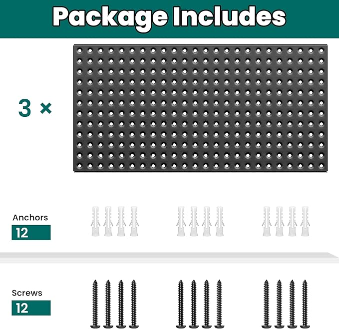 EVERHANGER Metal Pegboard Panels 24" x 12", Heavy Duty Steel Peg Boards for Garage, Pegboard Wall Organizer for Tool Storage and Organization, Black, 3 Pack