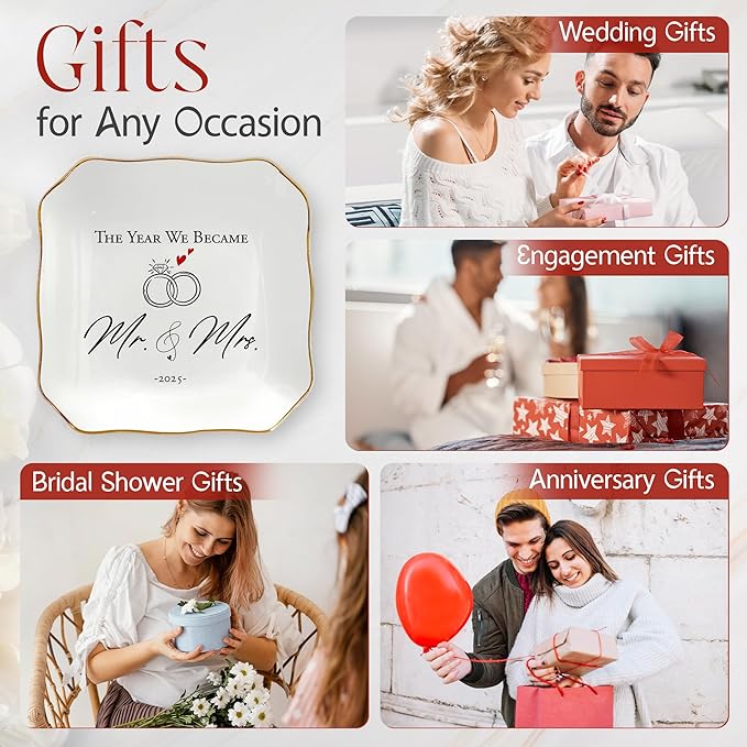 OASSIE Christmas Wedding Gifts for Couples 2025 - Mr and Mrs Gifts 4"x4" Ceramic Jewelry Dish Tray - Bridal Shower Engagement Gifts for Bride Women Newlyweds Marriage Just Married