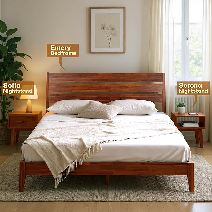 Acacia Serena Nightstand Solid Wood Nightstand with Open Storage Shelf, Wood Bedside Table, Night Stands for Bedroom - Walnut