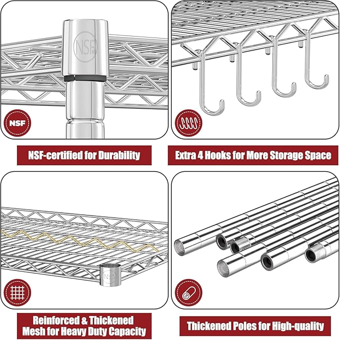 PrimeZone 5 Tier 48" Wx24''Dx81''H Wire Shelving with Wheels 3000lbs NSF Storage Shelves Heavy Duty Metal Shelf Adjustable Rolling Rack Commercial Garage Restaurant Warehouse Kitchen Chrome 6Pack