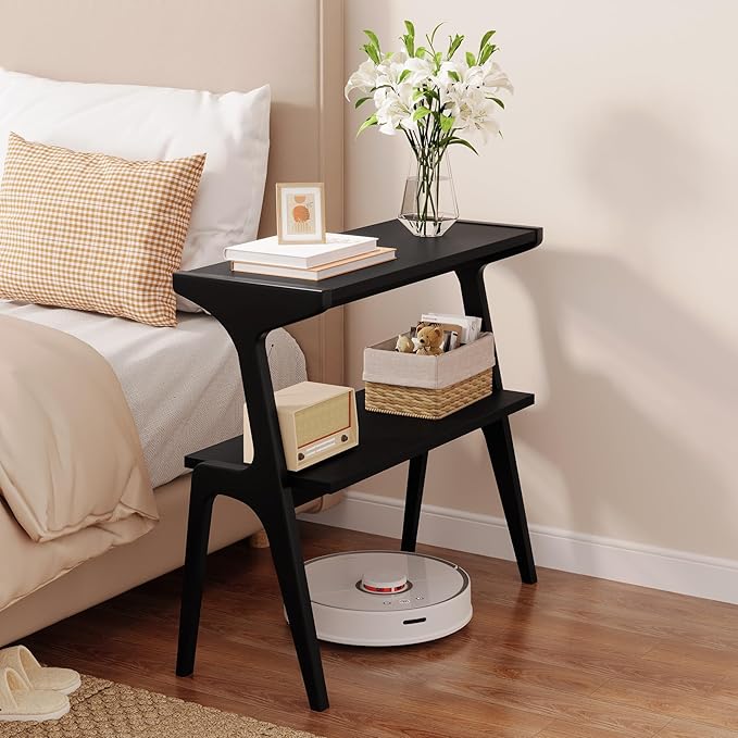 Solid Wood End Table, 2-Tier Side Table with Storage Shelf, Wooden Modern Accent Slim Bedside Table for Sofa, Living Room, Bedroom, Small Space, Easy Assembly, Black