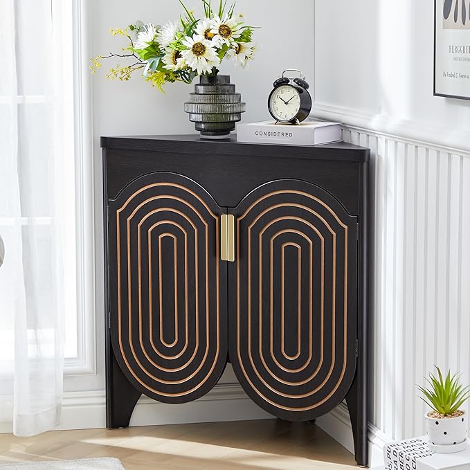 Small Corner Storage Cabinet, Mid Century Modern Floor Corner Cabinet with Curved Doors and Adjustable Shelves，Freestanding Narrow Storage Organizer for Bathroom, Living Room (Black)