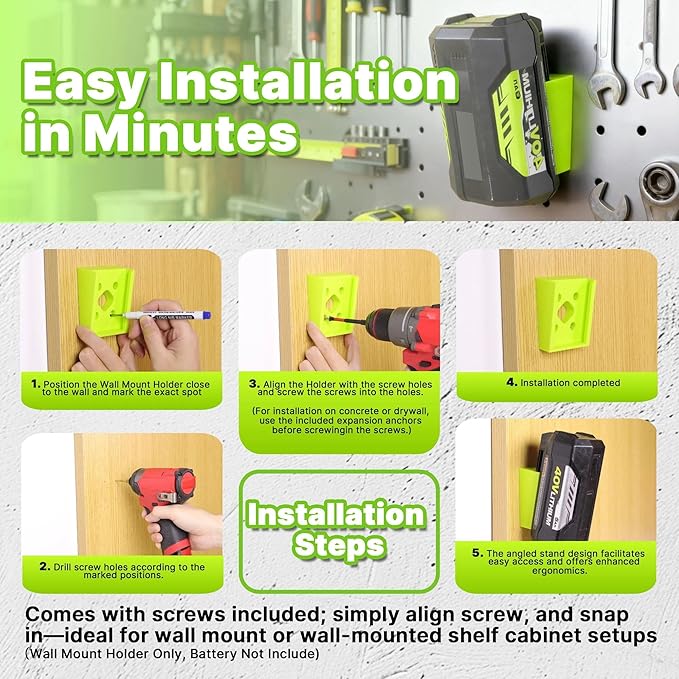 Wall Mount Holder Compatible with Ryobi Battery 40V：4Ah, 5Ah, 6Ah, 2 Pack Plastic Wall Mount Battery Storage Rack with Screws