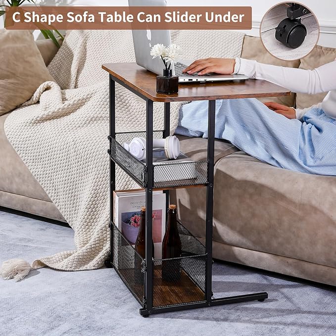 C Shaped End Table with Storage Shelf Basket, Small Couch Table with Wheels for Sofa Recliner Bedside, Rustic Brown Side Tables with Extended Desktop for Living Room, Bedroom, Home,Office