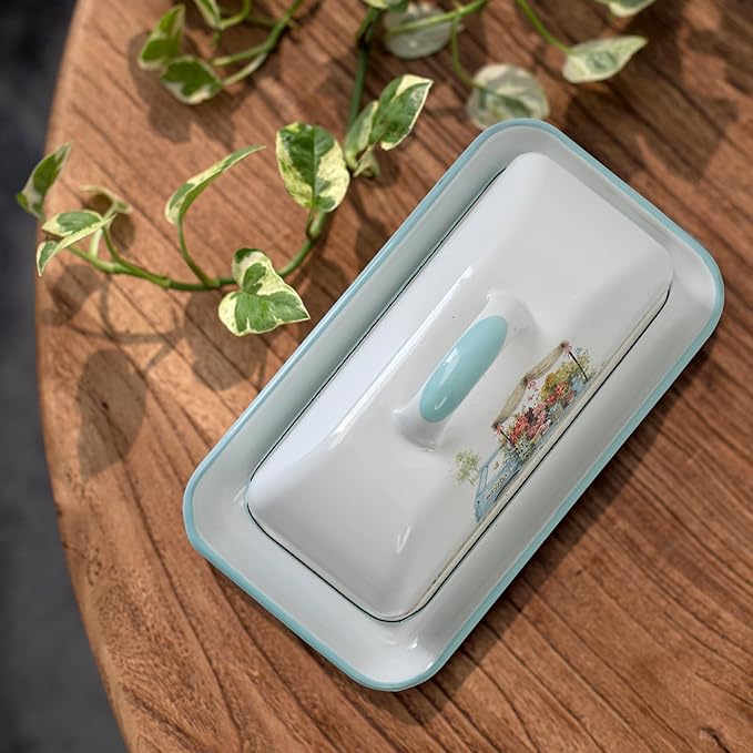 Enamel Butter Dish with Lid Vintage Enamelware Butter Keeper with Flower and Bird Patterns Farmhouse Butter Container Butter holder for Countertop Kitchen Decor (Lightblue)