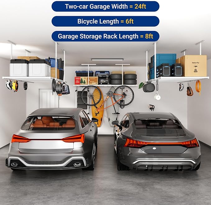 FLEXIMOUNTS 4x8 Overhead Garage Storage Rack with 6 Hooks, Adjustable Storage Organization System, Heavy-Duty Metal Ceiling Racks, 22.6" -39.4" Ceiling Dropdown, Lite Series