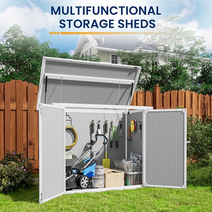 Amopatio 41 Cu Ft Outdoor Storage Shed, Horizontal Resin Trash Can Storage, Weather Resistance, Storage Box with Floor Included for Garden Tools, Lawn Mowers, Garbage Cans, Patio Use, Sandstone